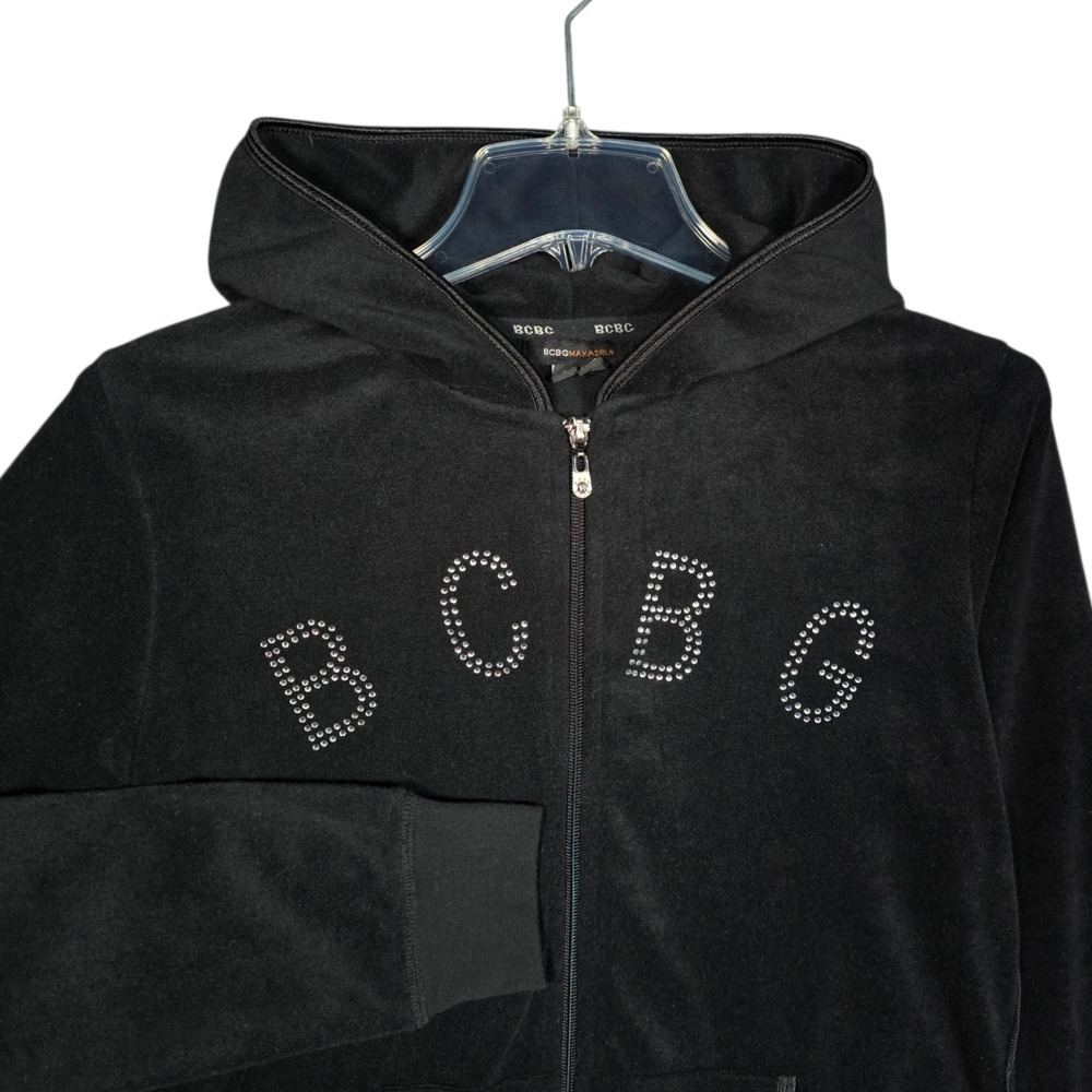 Vintage‎ Y2K BCBG Hoodie Women's Large Maxazria Velour Rhinestone Zip Up Black